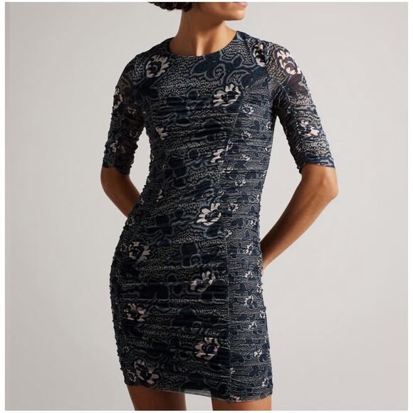 Ted Baker Velvit Blue Floral Sheer Sleeve Dress Size 1 (S/4) - Picture 1 of 7